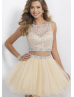 Champagne Tulle Beaded Two Piece Knee Length Prom Dress 